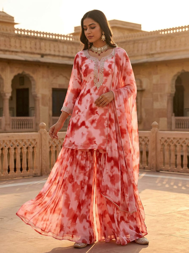 Red Abstract Tie-Dye Pure Georgette Digital Printed Fabric