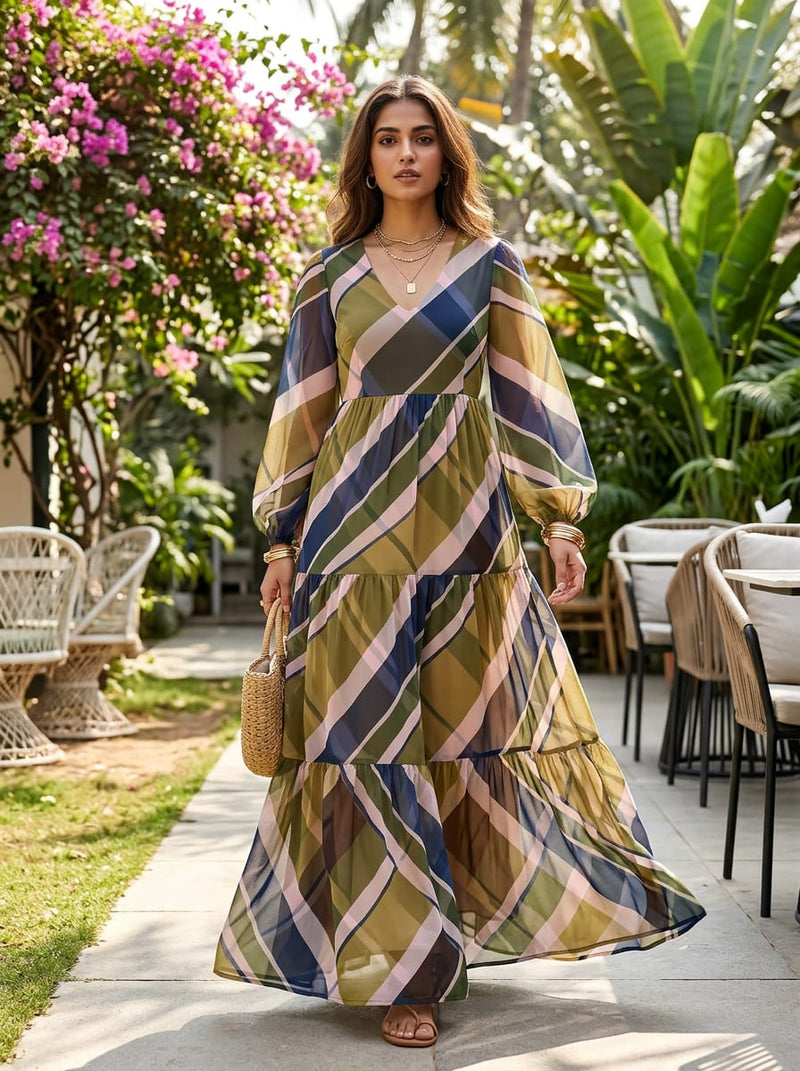 Multicolor Diagonal Checkered Weightless Digital Printed Fabric