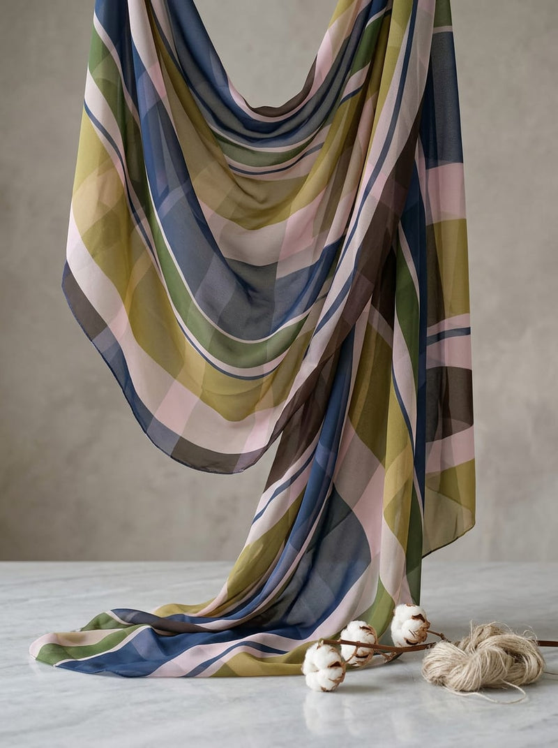 Multicolor Diagonal Checkered Weightless Digital Printed Fabric