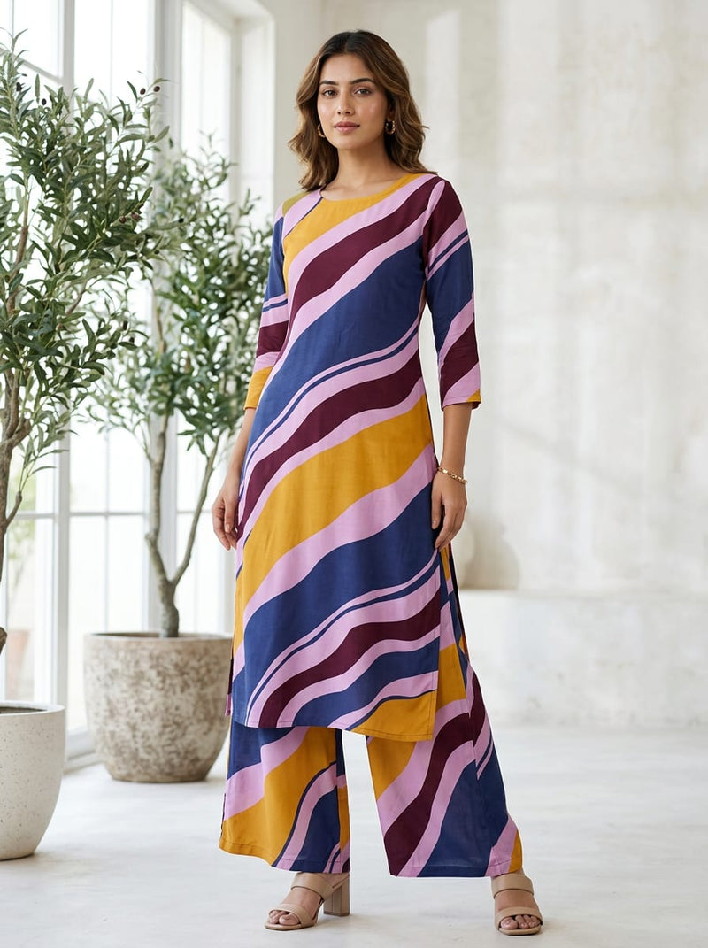 Multicolor Abstract Wavy Stripes Pure Muslin Digital Printed Fabric