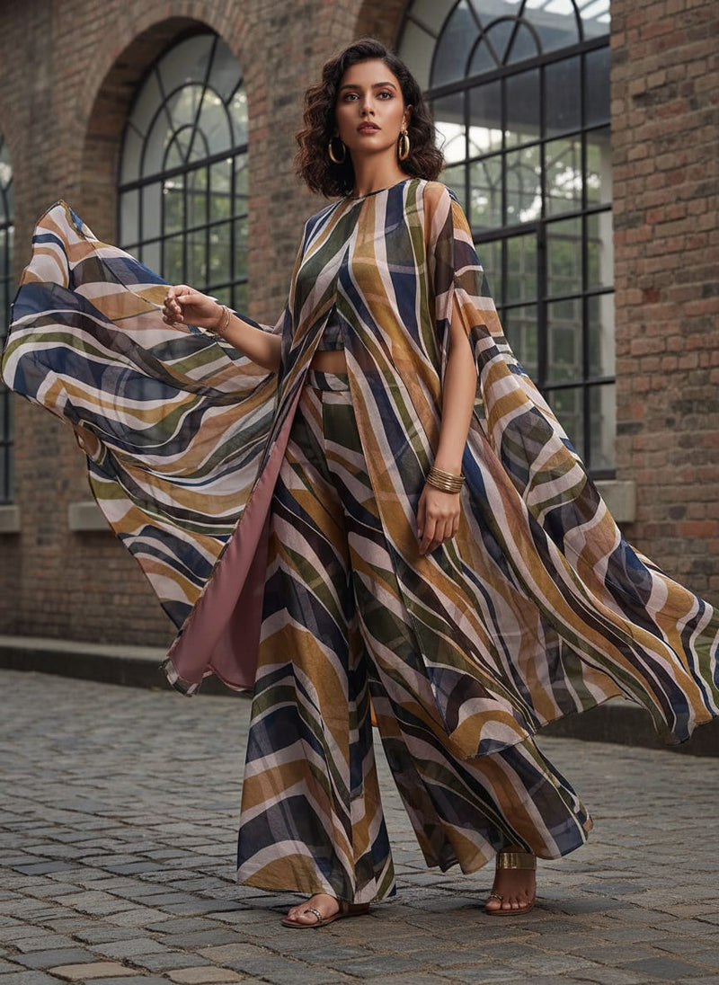 Multicolor Abstract Wavy Checkered Pure Chiffon Digital Printed Fabric
