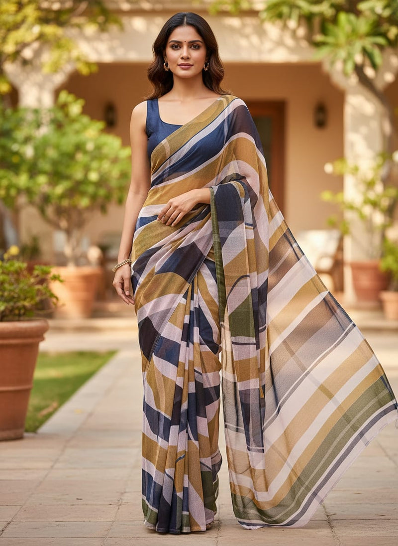 Multicolor Abstract Wavy Checkered Pure Chiffon Digital Printed Fabric