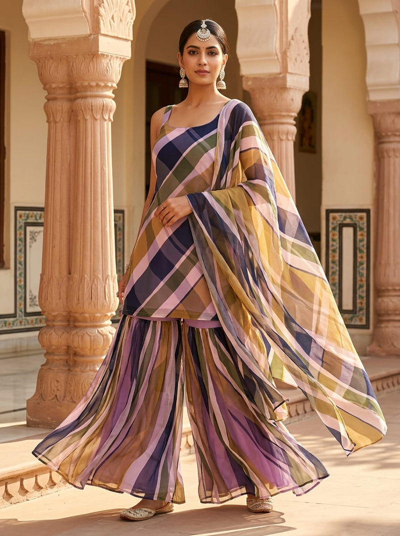 Multicolor Abstract Wavy Checkered Pure Chiffon Digital Printed Fabric