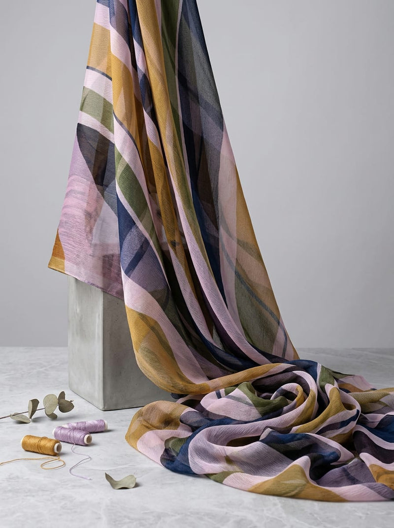 Multicolor Abstract Wavy Checkered Pure Chiffon Digital Printed Fabric
