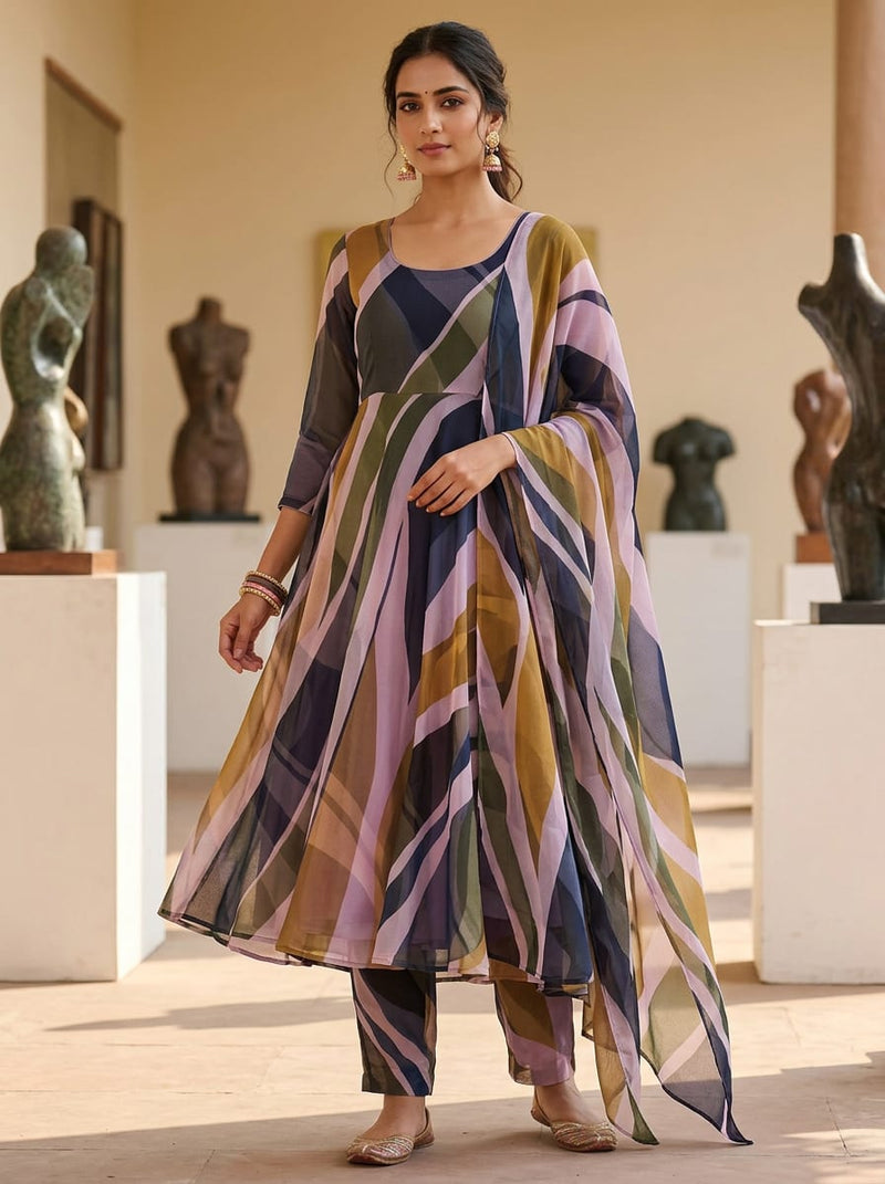 Multicolor Abstract Wavy Checkered Pure Chiffon Digital Printed Fabric