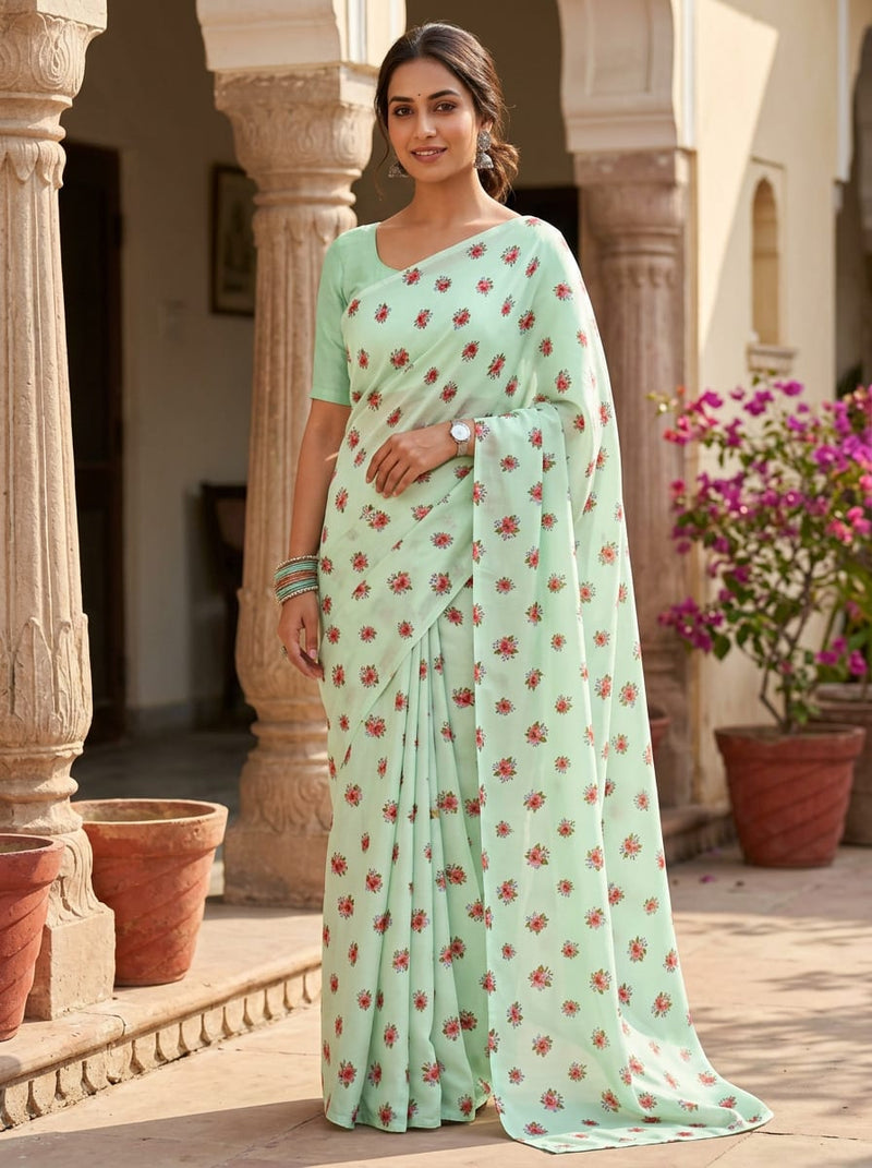 Green Ditsy Red Floral Bouquets Kora Silk Digital Printed Fabric