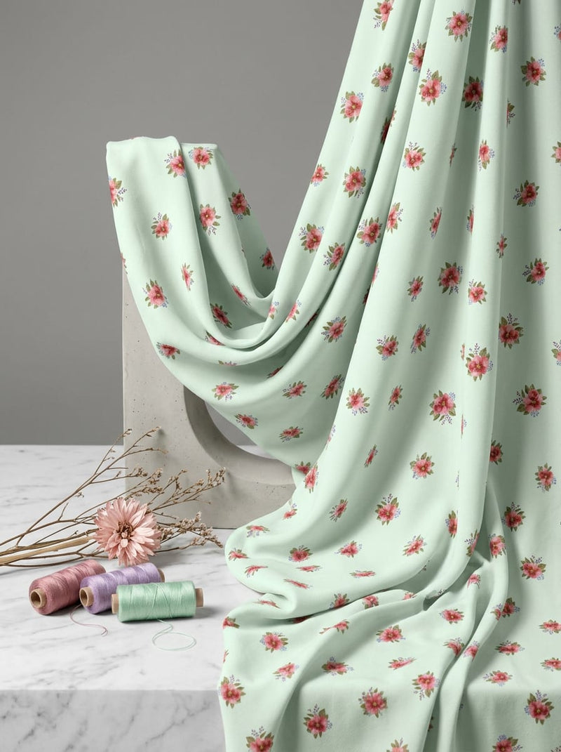 Green Small Floral Bouquets Silk Crepe Digital Printed Fabric