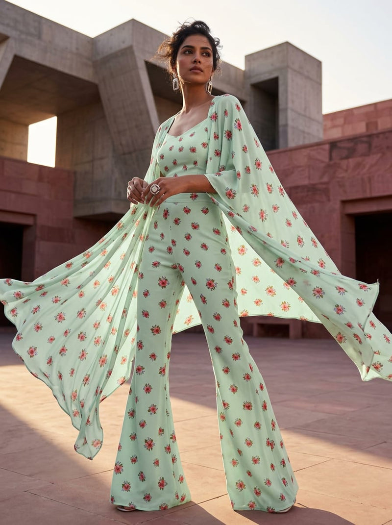 Green Small Floral Bouquets Silk Crepe Digital Printed Fabric