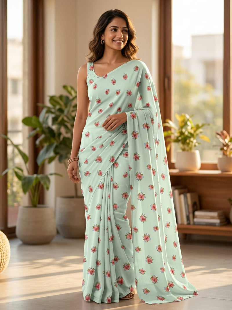 Green Small Floral Bouquets Silk Crepe Digital Printed Fabric