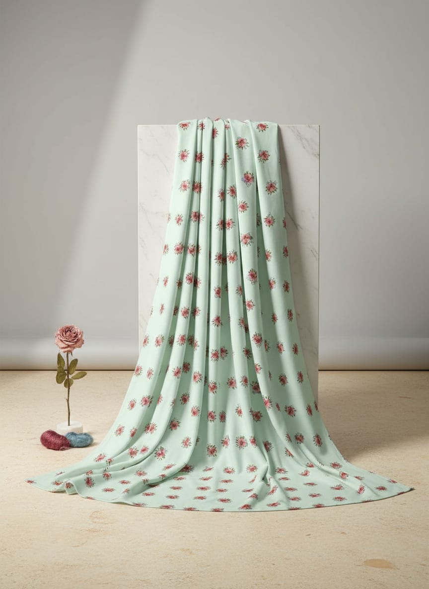 Green Small Floral Bouquets Pure Chinon Digital Printed Fabric