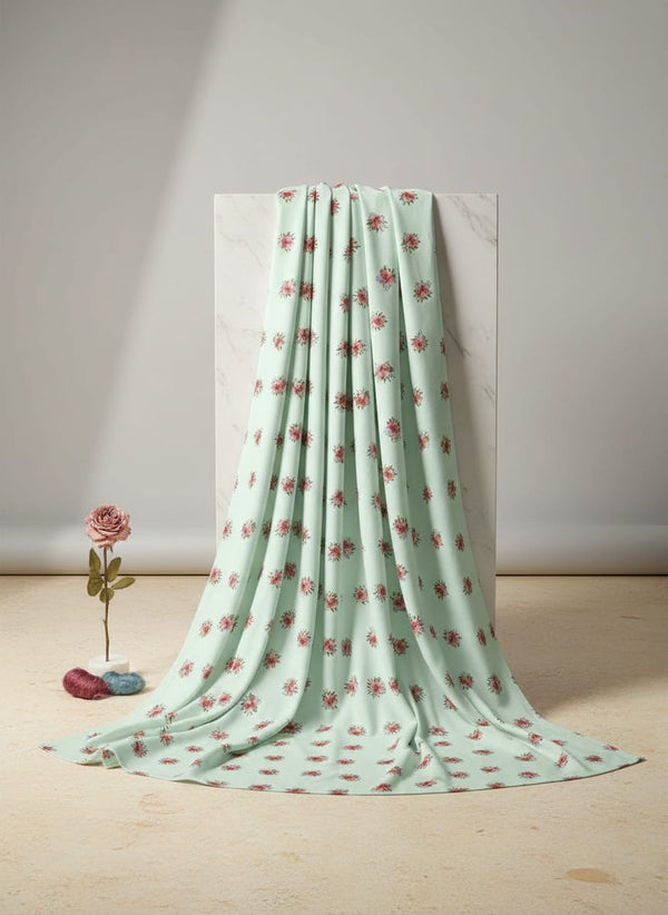 Green Small Floral Bouquets Pure Chinon Digital Printed Fabric - Fabric Editorial Studio Flatlay Lookbook - PC-0-TA08499P2-106
