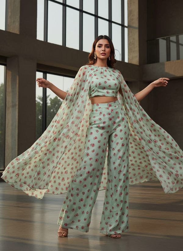 Green Small Floral Bouquets Pure Chinon Digital Printed Fabric - Cape with Palazzo Lookbook - PC-0-TA08499P2-106 - alternate view
