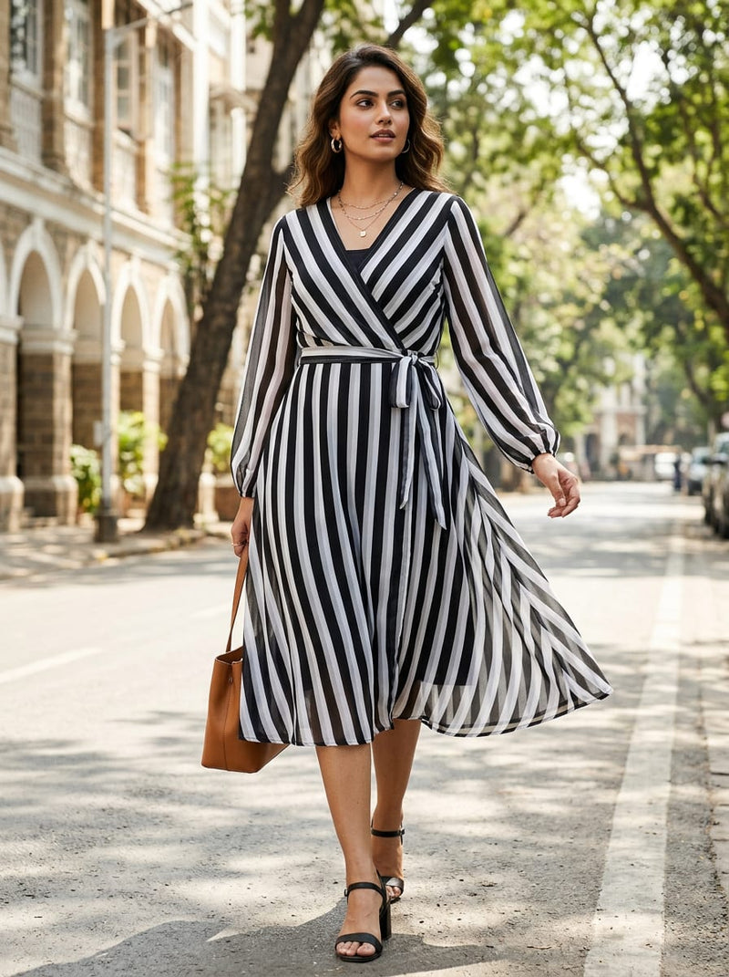 Black and White Bold Stripes Weightless Digital Printed Fabric