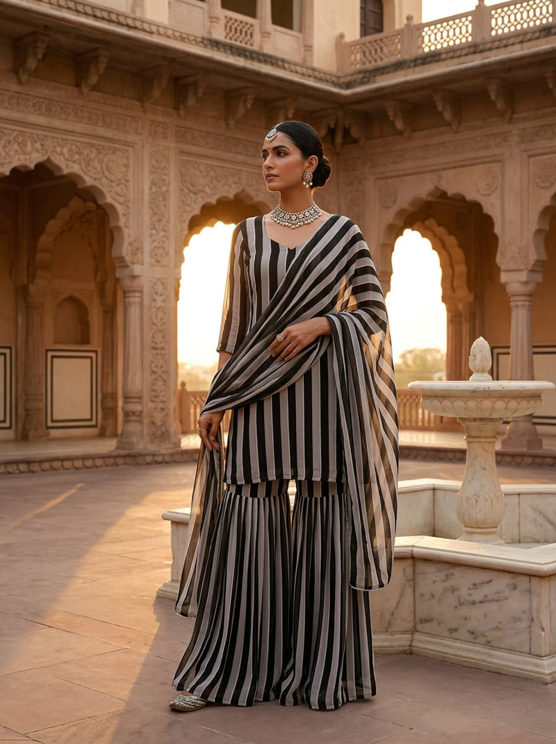 Black and Grey Classic Vertical Stripes Pure Georgette Digital Printed Fabric