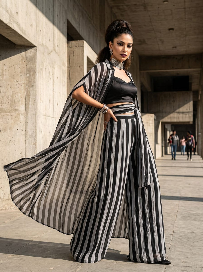Black and Grey Classic Vertical Stripes Pure Georgette Digital Printed Fabric