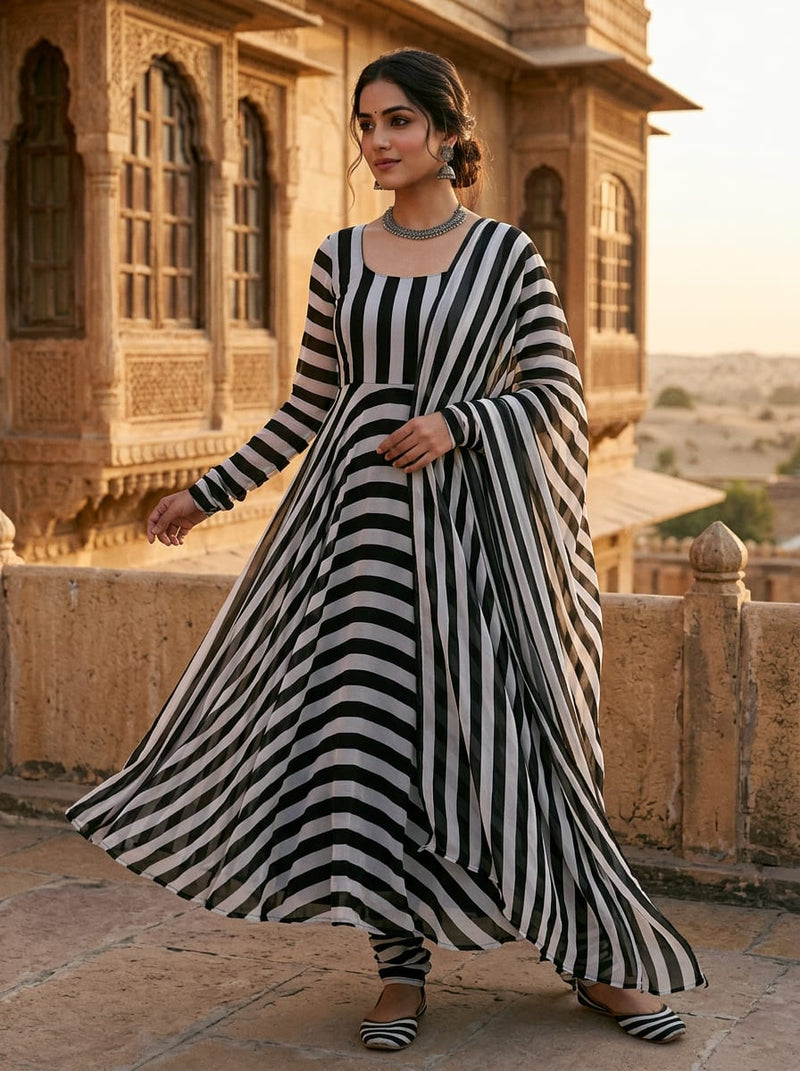 Black and Grey Classic Vertical Stripes Pure Georgette Digital Printed Fabric