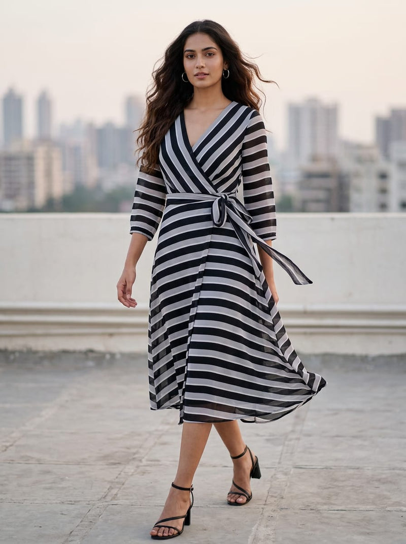 Black and Grey Classic Vertical Stripes Pure Georgette Digital Printed Fabric