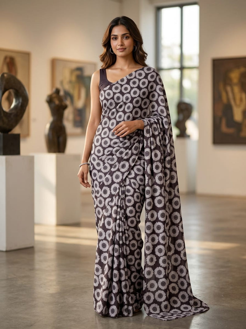 Black Greyscale Sunflower Pattern Silk Crepe Digital Printed Fabric
