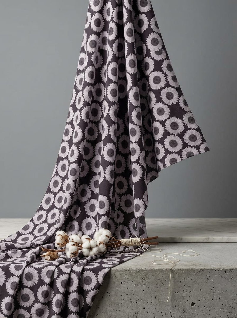 Black Greyscale Sunflower Pattern Silk Crepe Digital Printed Fabric
