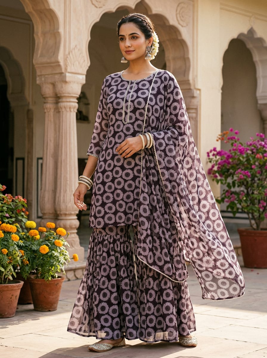 Black Greyscale Sunflower Pattern Pure Georgette Digital Printed Fabric