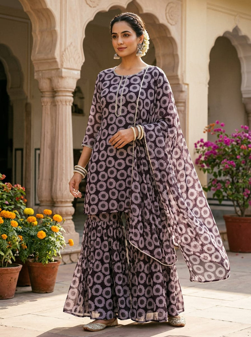Black Greyscale Sunflower Pattern Pure Georgette Digital Printed Fabric