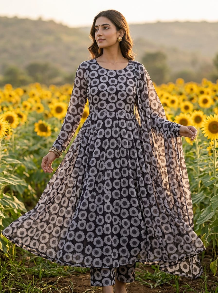 Black Greyscale Sunflower Pattern Pure Georgette Digital Printed Fabric