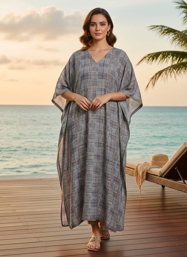 Grey Glen Plaid Houndstooth Check Muslin Digital Printed Fabric - Kaftan Lookbook - MU-0-TA08504-110 - alternate view