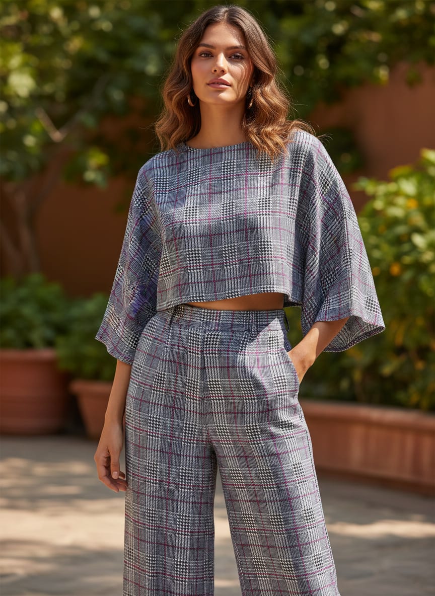 Grey Classic Plaid Check Silk Crepe Digital Printed Fabric
