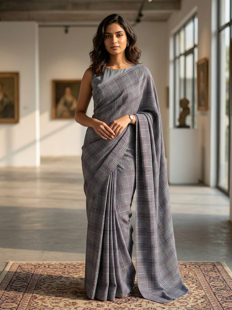 Grey Classic Plaid Check Silk Crepe Digital Printed Fabric