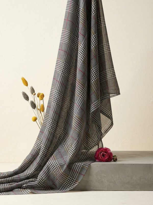 Grey Glen Plaid Houndstooth Check Pure Georgette Digital Printed Fabric - Fabric Editorial Studio Flatlay Lookbook - PG-0-TA08504-110