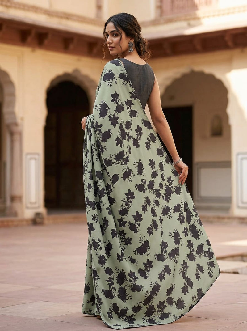 Grey Floral Silhouette Print Silk Crepe Digital Printed Fabric