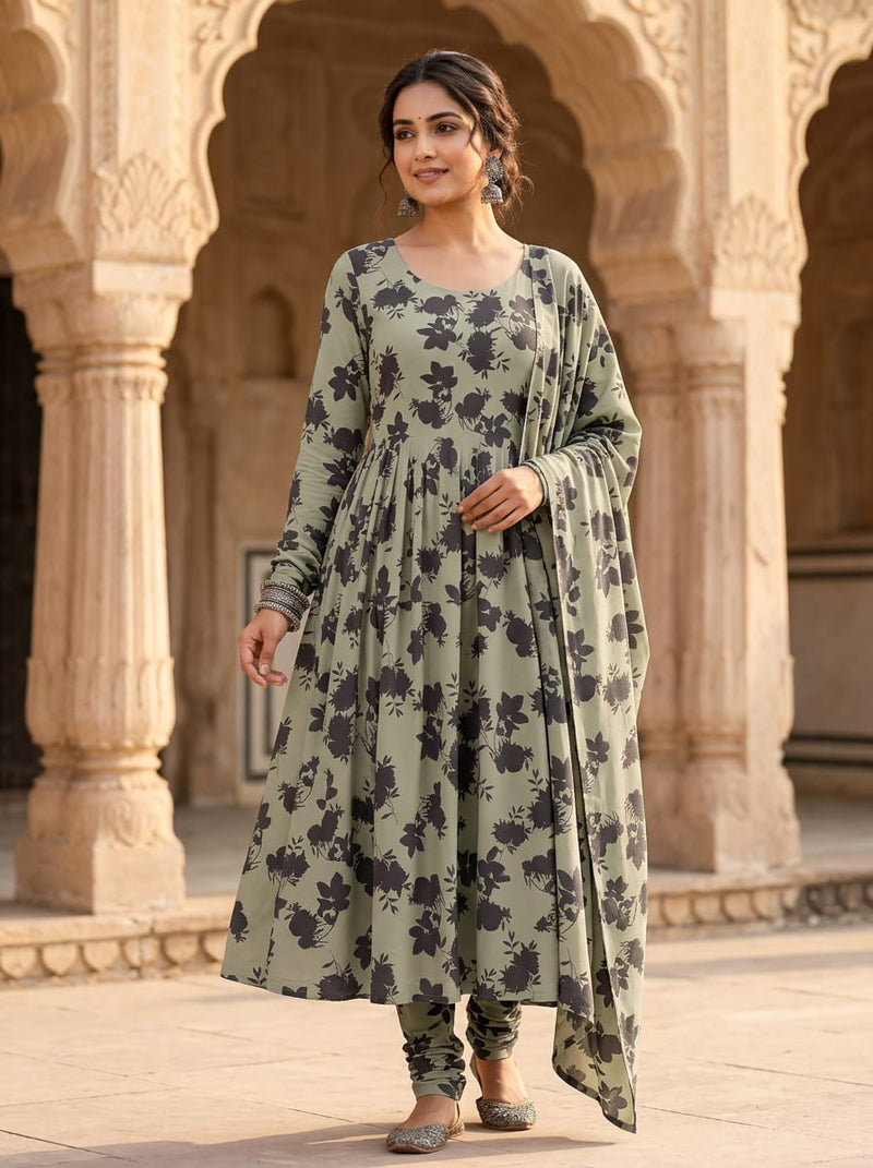 Grey Floral Silhouette Print Silk Crepe Digital Printed Fabric