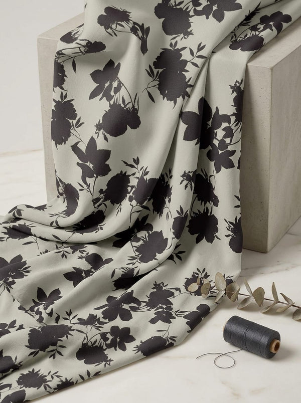 Grey Floral Silhouette Print Silk Crepe Digital Printed Fabric - Fabric Editorial Studio Flatlay Lookbook - CR-0-TA08505-110