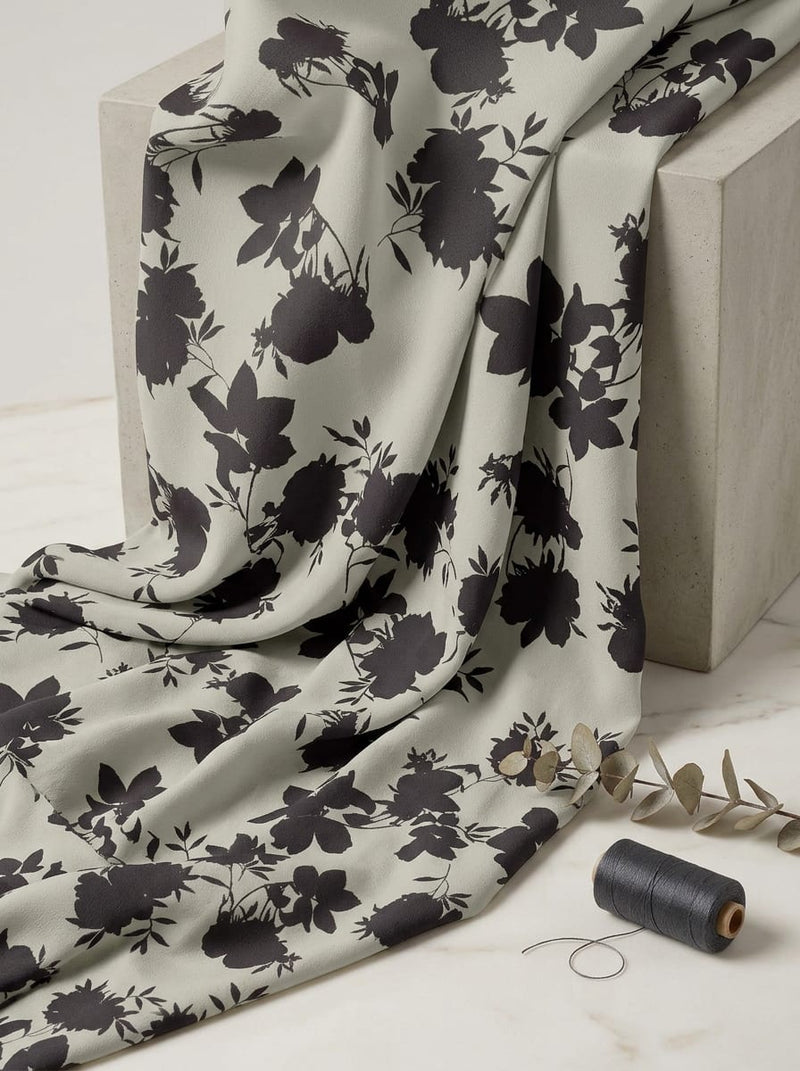 Grey Floral Silhouette Print Silk Crepe Digital Printed Fabric
