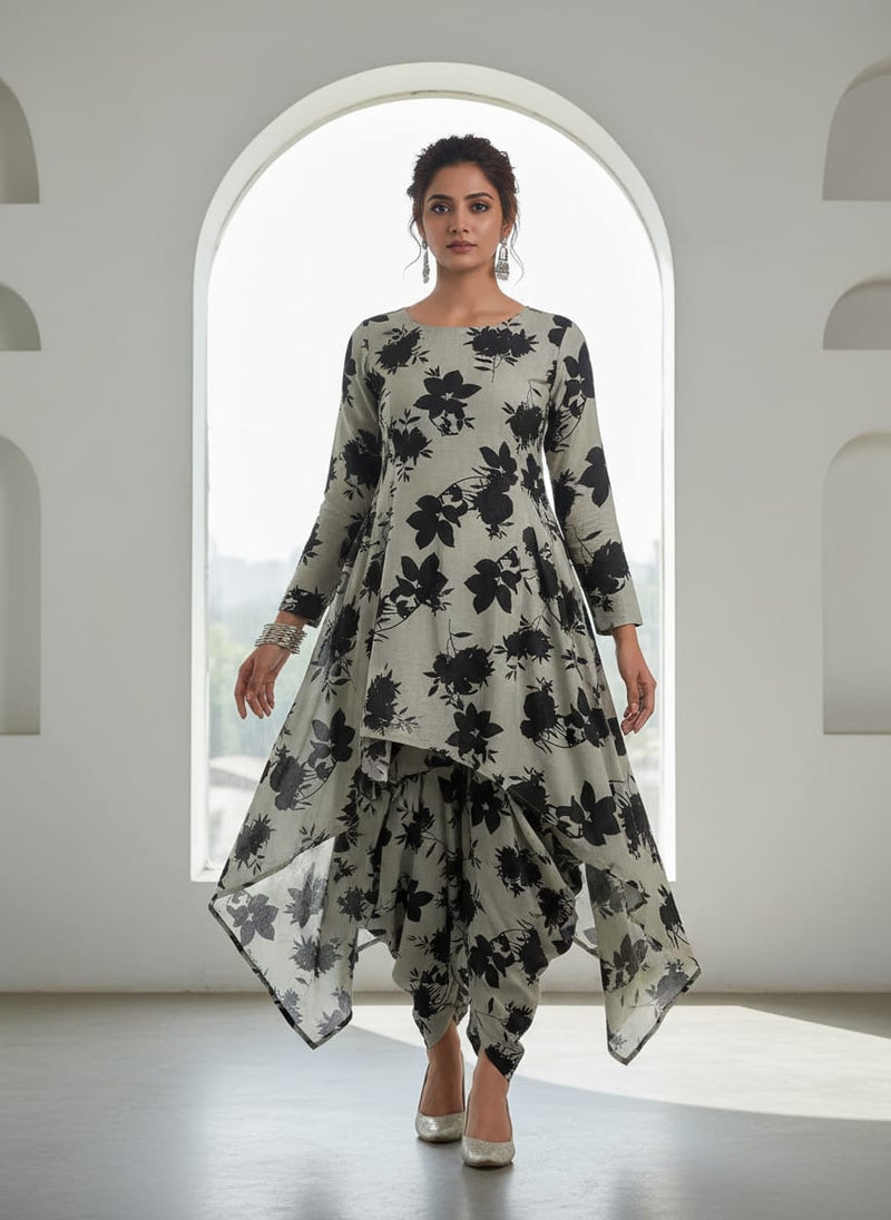 Black Floral Flower Digital Printed Fabric - Pure Cotton