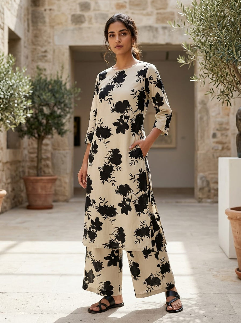 Cream Black Floral Silhouette Pure Cotton Digital Printed Fabric