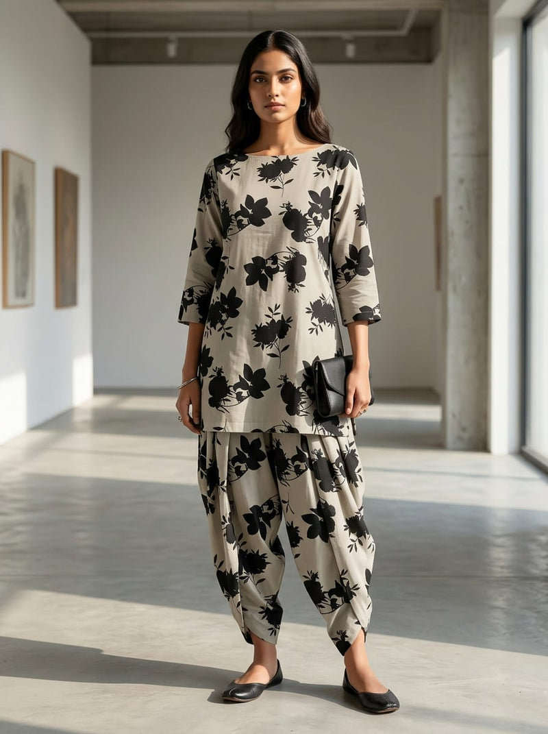 Cream Black Floral Silhouette Pure Cotton Digital Printed Fabric