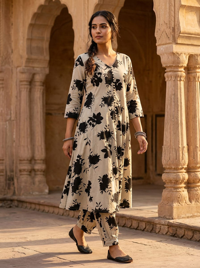 Cream Black Floral Silhouette Pure Cotton Digital Printed Fabric