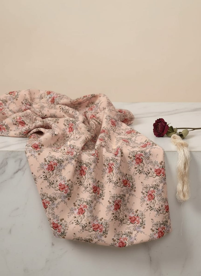 Peach Vintage Rose Bouquet Floral Japan Satin Digital Printed Fabric