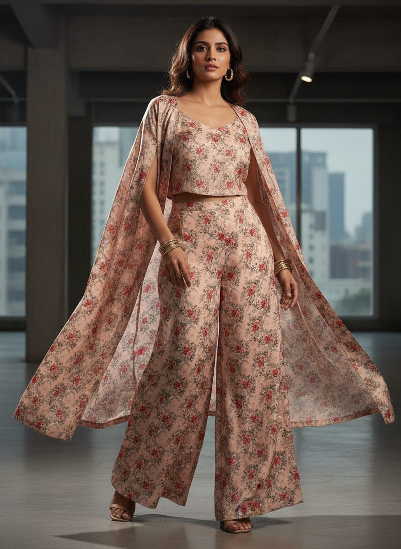 Peach Vintage Rose Bouquet Floral Japan Satin Digital Printed Fabric