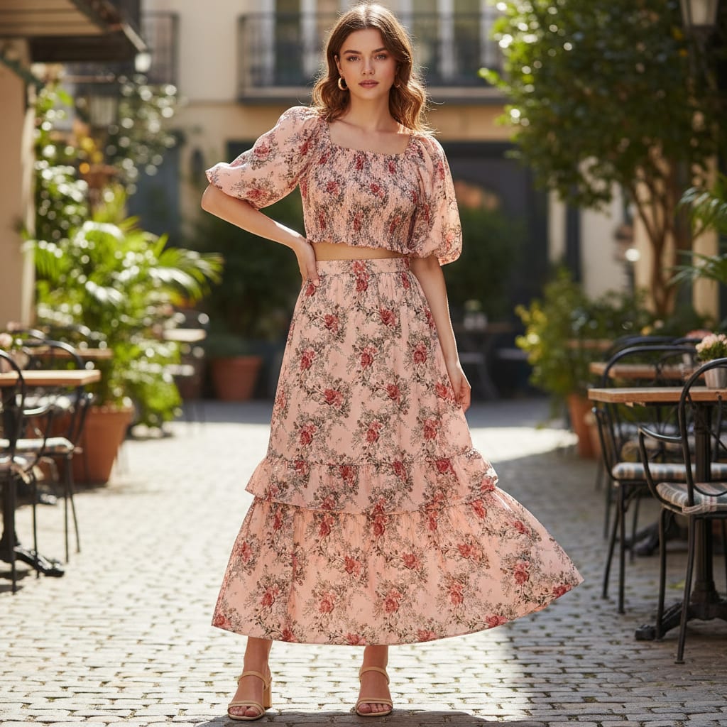 Peach Vintage Rose Floral Bouquet Silk Crepe Digital Printed Fabric