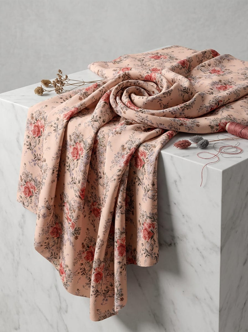 Peach Vintage Rose Floral Bouquet Silk Crepe Digital Printed Fabric