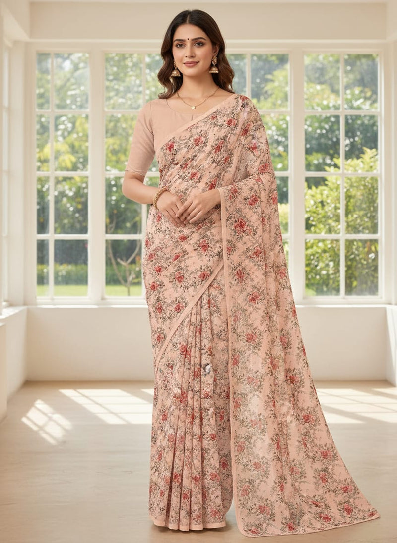 Beautiful Seamless Red Poppy Flower Digital Printed Fabric - Pure Georgette