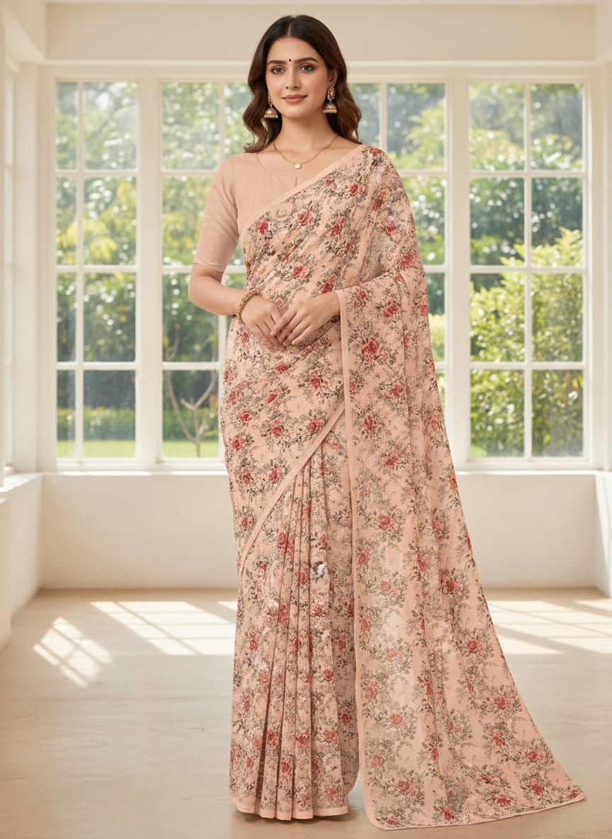 Beautiful Seamless Red Poppy Flower Digital Printed Fabric - Pure Georgette