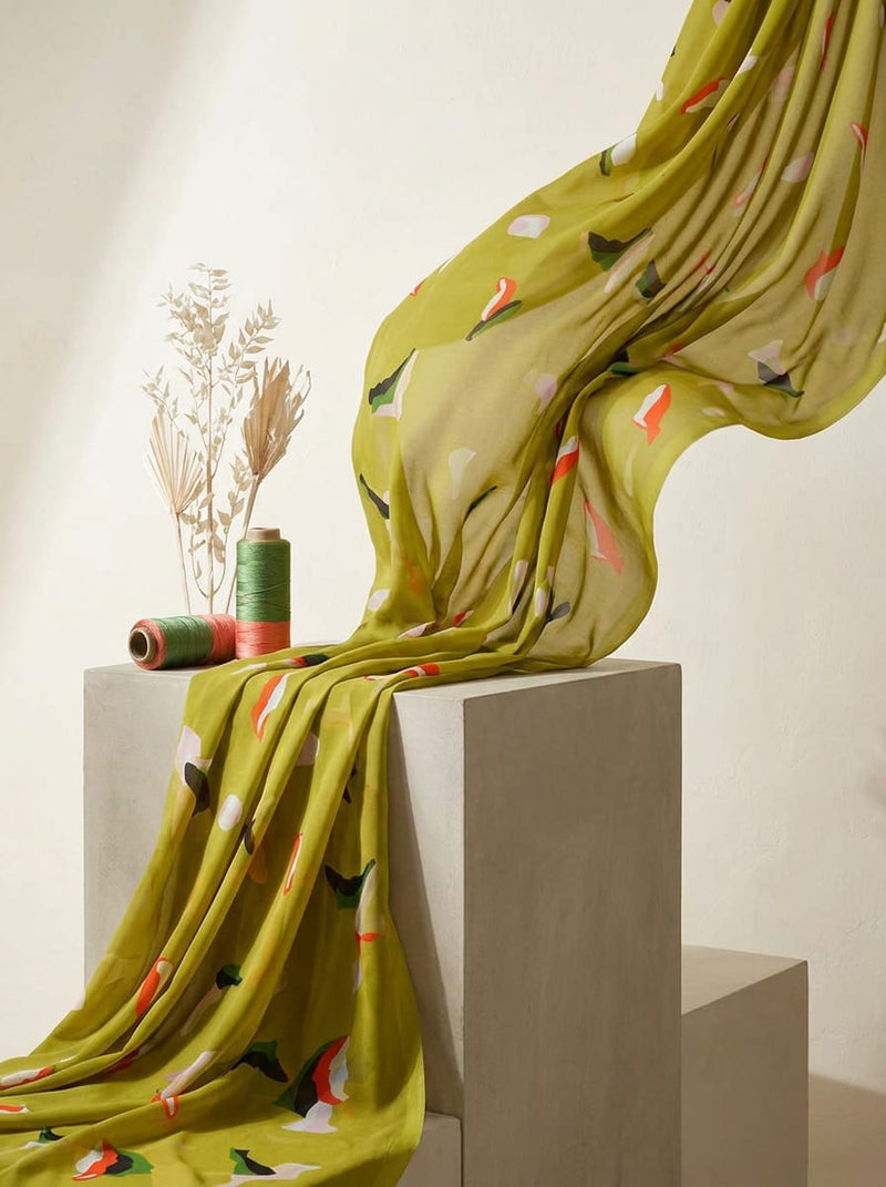 Olive Abstract Brushstroke Shapes Weightless Digital Printed Fabric