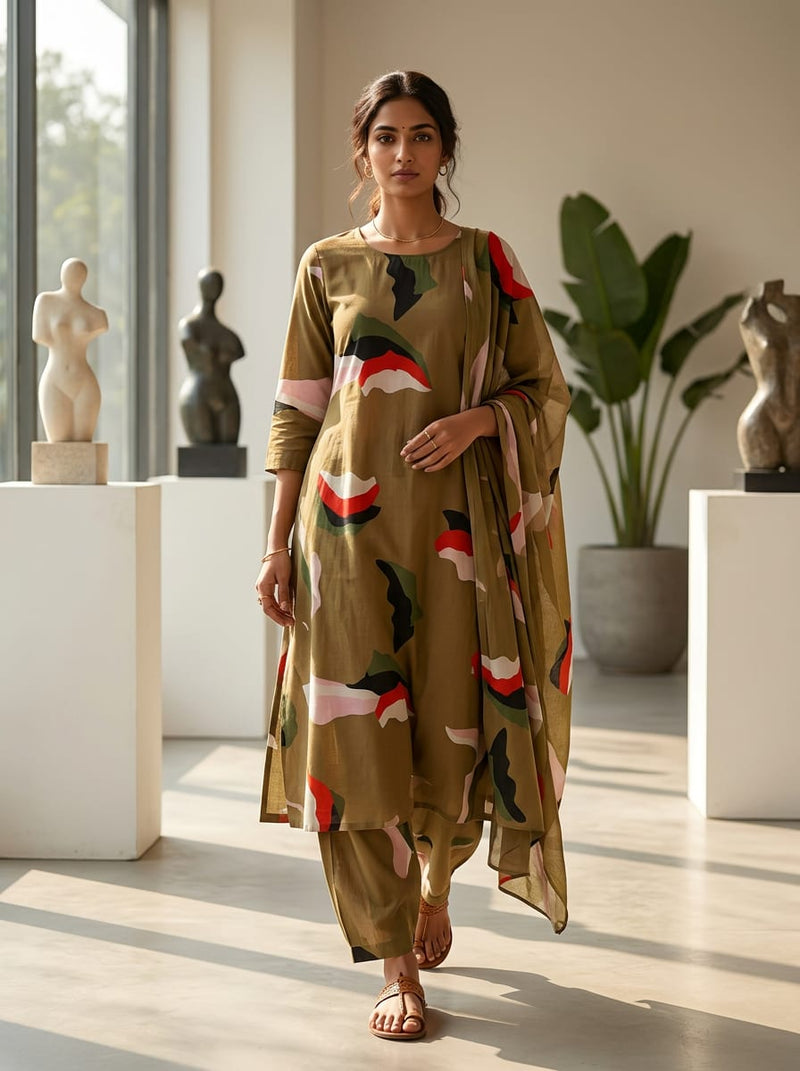 Olive Abstract Camouflage Print Pure Cotton Digital Printed Fabric