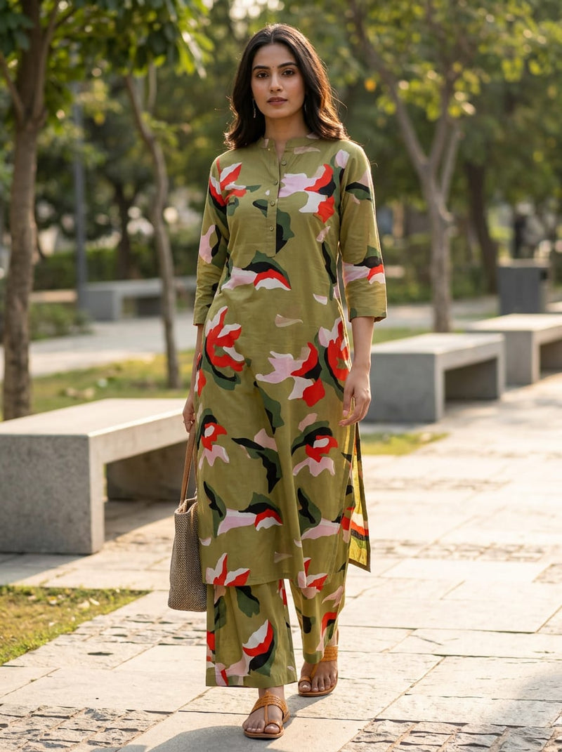 Olive Abstract Camouflage Print Pure Cotton Digital Printed Fabric
