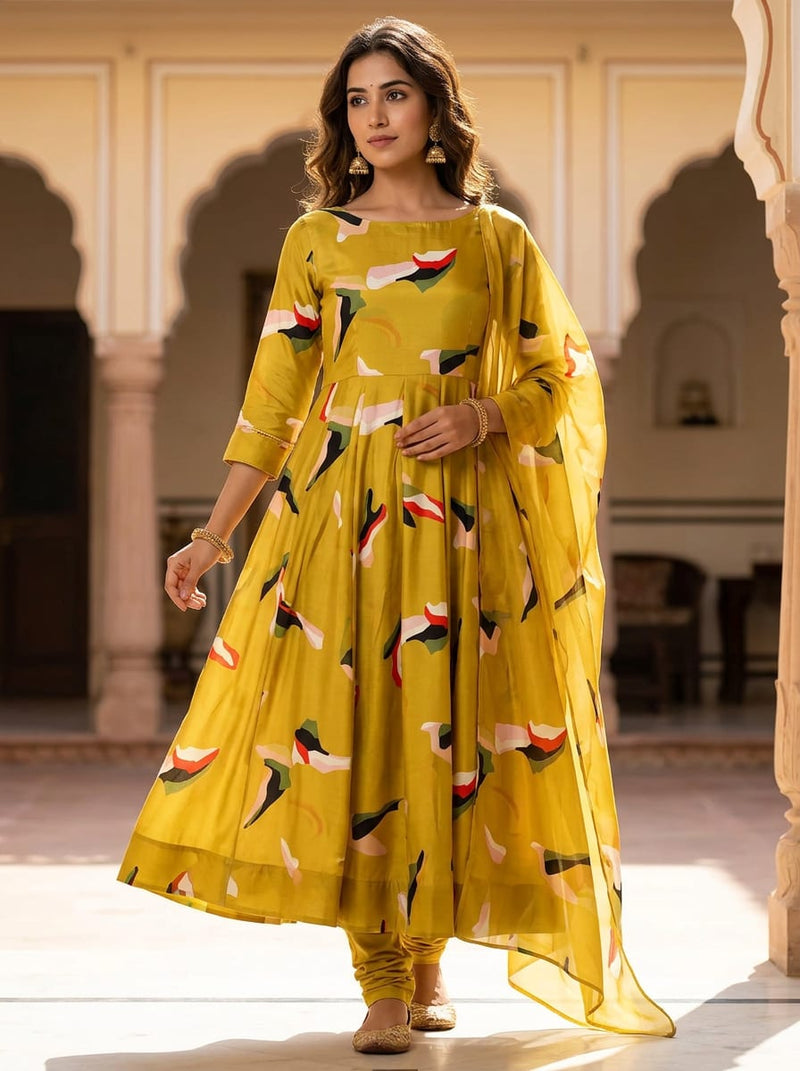 Yellow Modern Abstract Color Block Upada Silk Digital Printed Fabric