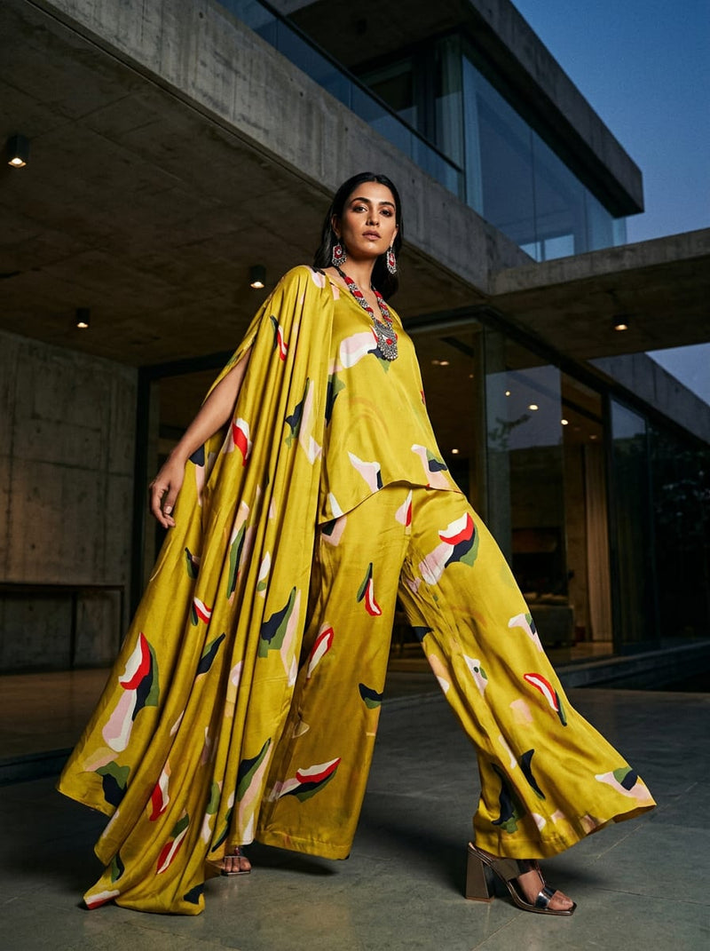 Yellow Modern Abstract Color Block Upada Silk Digital Printed Fabric