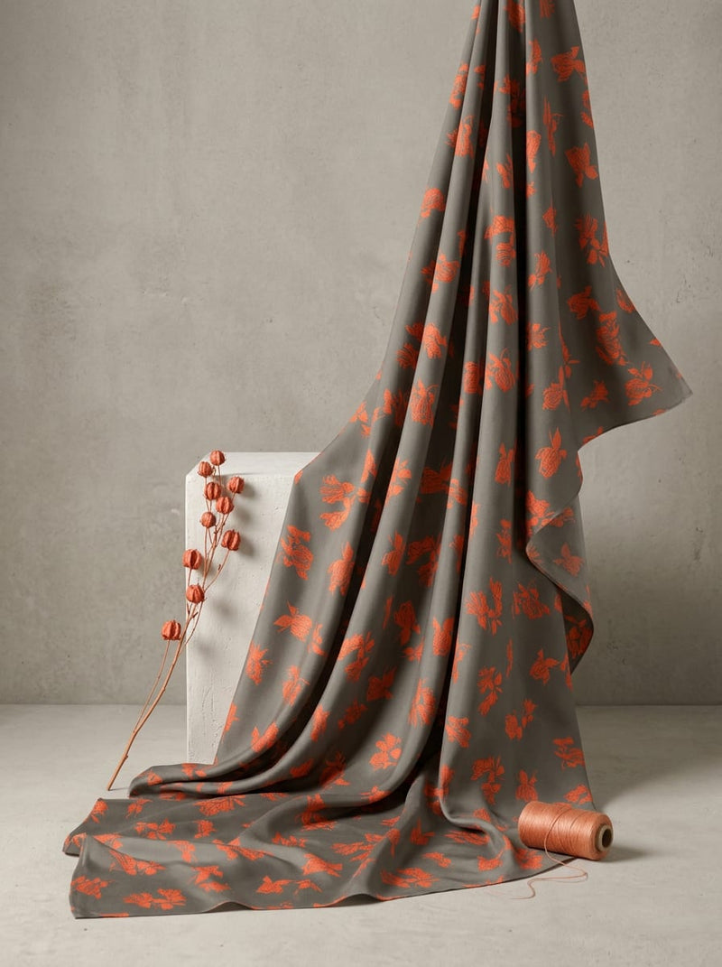 Grey Orange Botanical Scatter Kora Silk Digital Printed Fabric